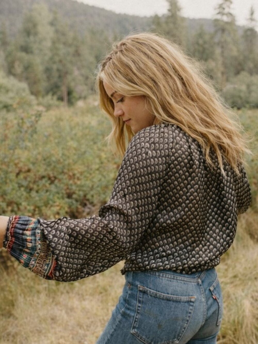 Doen Manzanita Blouse Size Medium 100% Silk Navy Blue Black Top Boho - Picture 6 of 17